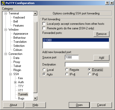 ssh tunnel putty